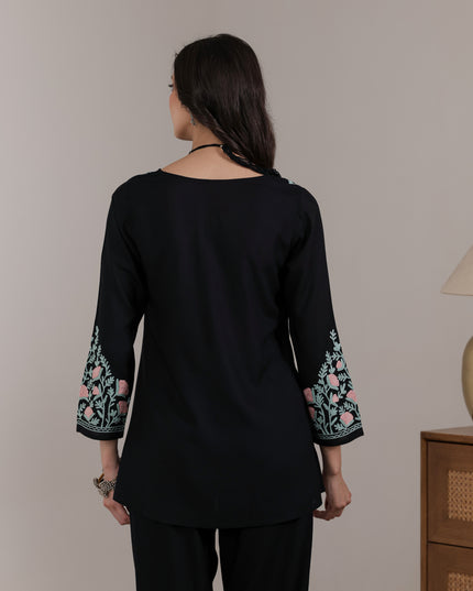 Qazmi Women Aari Embroidered Viscose Rayon A-Line Short Kurti with Full Sleeves