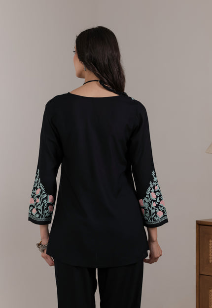 Qazmi Women Aari Embroidered Viscose Rayon A-Line Short Kurti with Full Sleeves