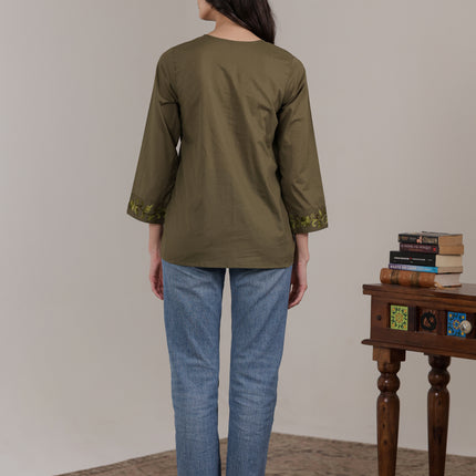 Qazmi Women Aari Embroidered Pure Cotton Mandarin Collar Top