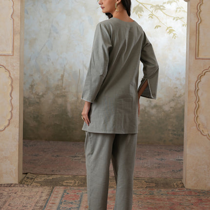 Qazmi Women's Mehreen Kashmiri Aari Work Pearl Studded Cotton Linen CoOrd