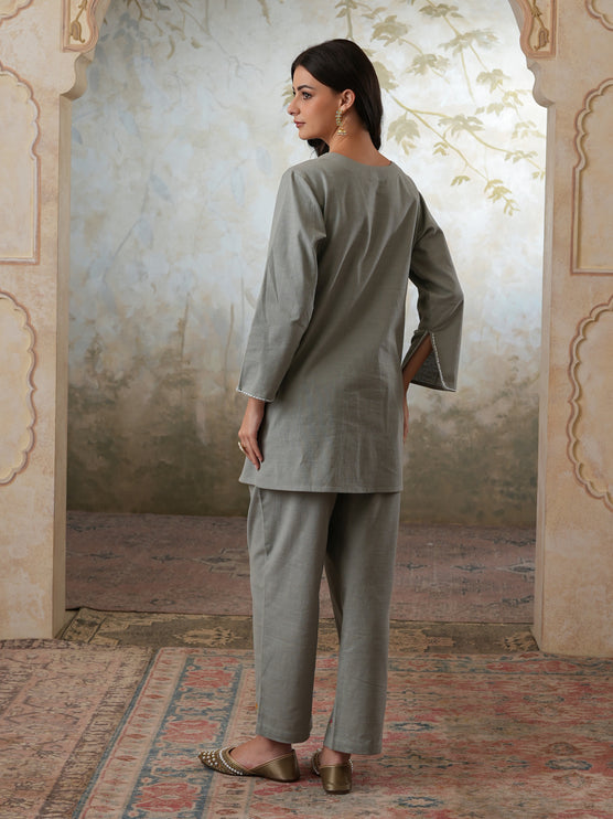 Qazmi Women's Mehreen Kashmiri Aari Work Pearl Studded Cotton Linen CoOrd