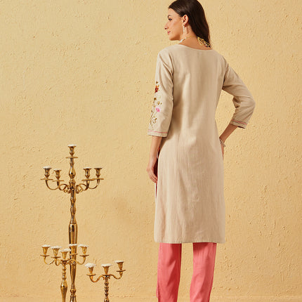 Qazmi Women's Zaynab Kashmiri Aari Work Cotton Linen Olive Green Kurta