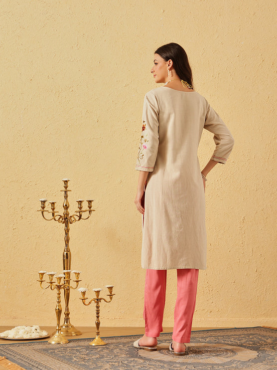 Qazmi Women's Zaynab Kashmiri Aari Work Cotton Linen Olive Green Kurta