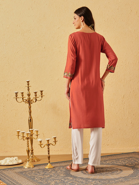 Qazmi Women's Noor Kashmiri Aari Work Straight Kurta