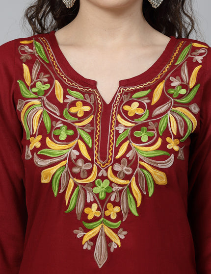 Maroon Multi-Design Aari Long Kurti For Women