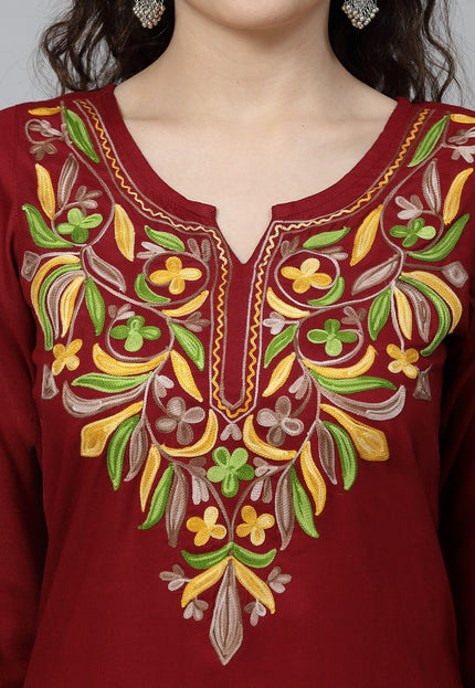 Maroon Multi-Design Aari Long Kurti For Women