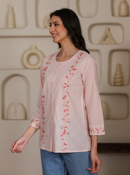 Qazmi Women Aari Embroidered Pure Cotton Mandarin Collar Top