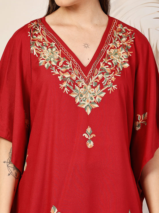 Qazmi Hannah V-Neck Flared Sleeves Aari Work Kaftan Kurti