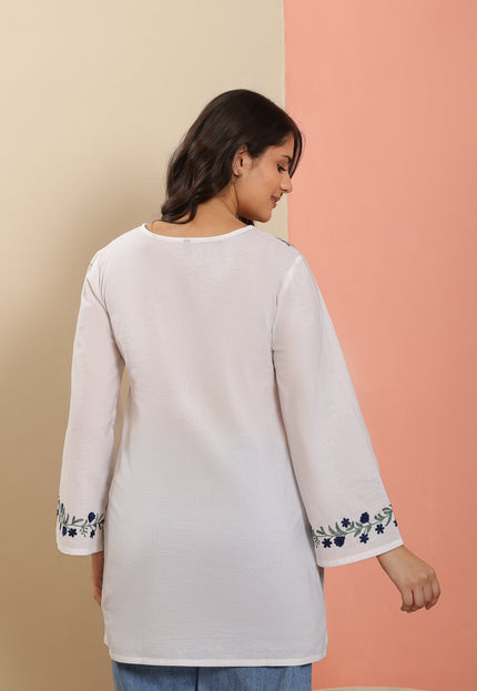 Qazmi Women Pure Cotton Square-Neck Aari  Embroidered Short Kurti