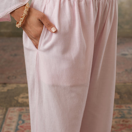 Qazmi Women's Mehreen Kashmiri Aari Work Pearl Studded Cotton Linen CoOrd