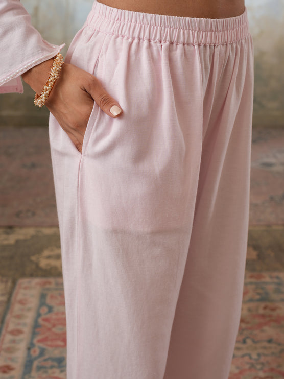 Qazmi Women's Mehreen Kashmiri Aari Work Pearl Studded Cotton Linen CoOrd