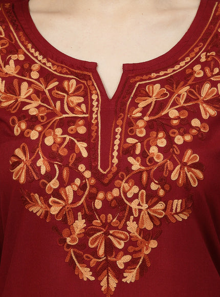 Maroon A-Line Aari Long Kurti For Women