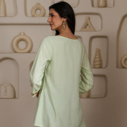 Qazmi Women Kashmiri Aari Embroidered A-Line Viscose Rayon Short Kurti with Full Sleeves