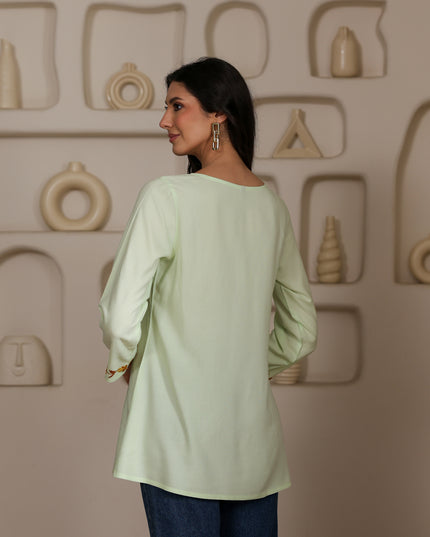 Qazmi Women Kashmiri Aari Embroidered A-Line Viscose Rayon Short Kurti with Full Sleeves