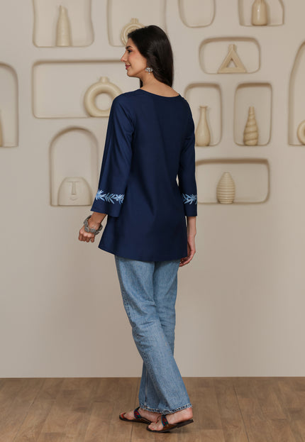 Qazmi Women Kashmiri Aari Embroidered Viscose Rayon A-Line Short Kurti with Bell Sleeves