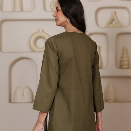 Qazmi Women's Aari Embroidered Pure Cotton Short Kurta