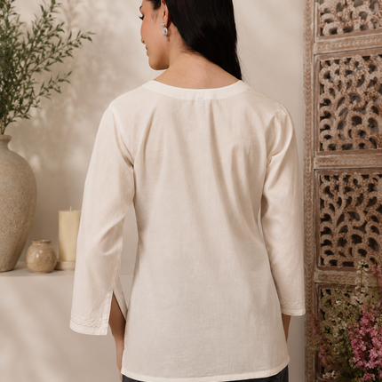 Qazmi Women's Raisa Kashmiri Aari Work V-Neck White Kurti