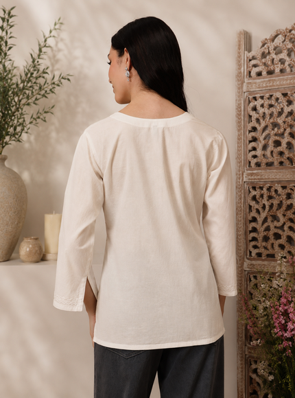Qazmi Women's Raisa Kashmiri Aari Work V-Neck White Kurti