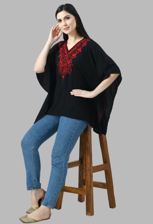 Qazmi  V-Neck Flared Sleeves Aari Work Kaftan Kurti