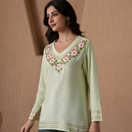 Qazmi Women's Amina Kashmiri Embroidered V-Neck Short Kurti