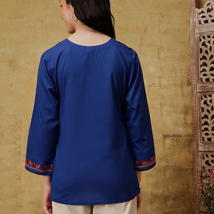 Qazmi Women's Nafisa Kashmiri Aari Work V-Neck Blue Kurti