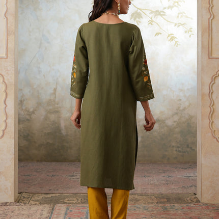 Qazmi Women's Zaynab Kashmiri Aari Work Cotton Linen Olive Green Kurta