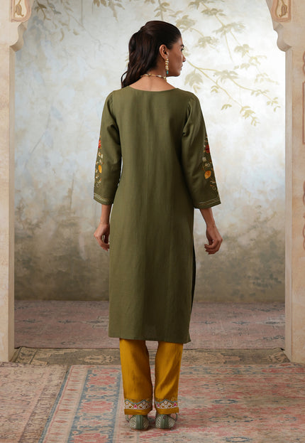 Qazmi Women's Zaynab Kashmiri Aari Work Cotton Linen Olive Green Kurta