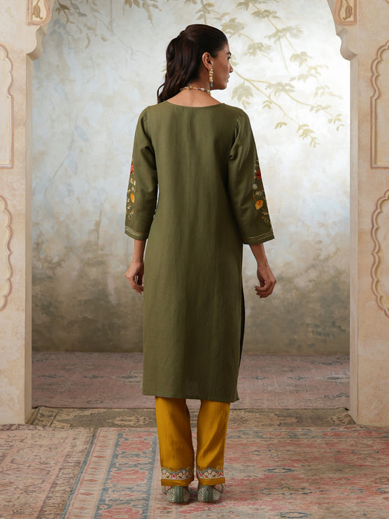 Qazmi Women's Zaynab Kashmiri Aari Work Cotton Linen Olive Green Kurta