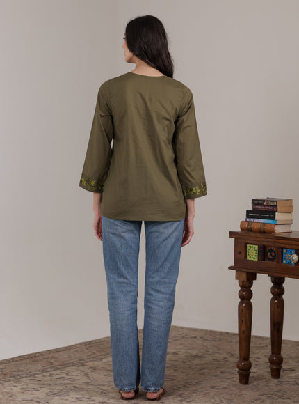 Qazmi Women Aari Embroidered Pure Cotton Mandarin Collar Top
