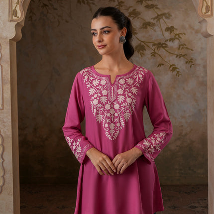 Qazmi Women's Kashmiri A-Line Full Sleeves Viscose Rayon Black Flared Short Kurti