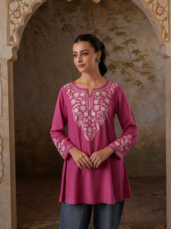 Qazmi Women's Kashmiri A-Line Full Sleeves Viscose Rayon Black Flared Short Kurti