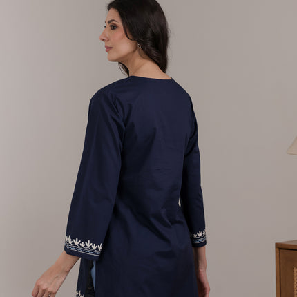 Qazmi Women Aari Embroidered Pure Cotton Short Kurta with Full Sleeves