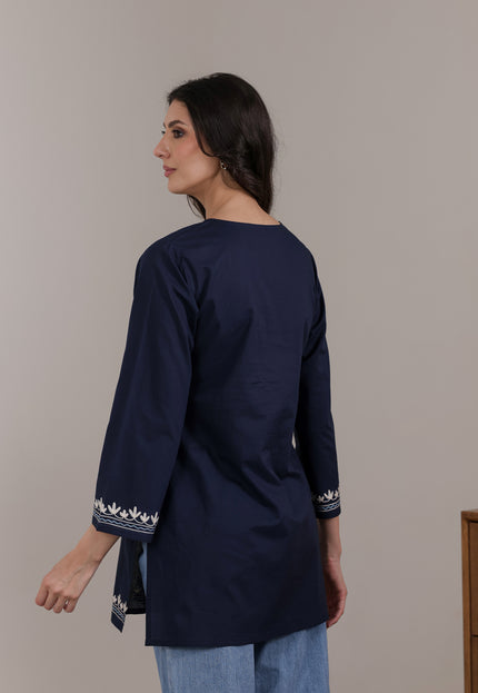Qazmi Women Aari Embroidered Pure Cotton Short Kurta with Full Sleeves