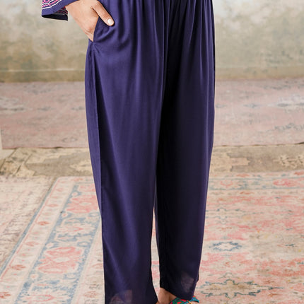 Qazmi Women's Kashmiri Aari Work Navy Blue CoOrd Set