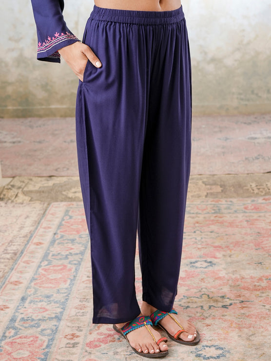 Qazmi Women's Kashmiri Aari Work Navy Blue CoOrd Set