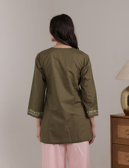 Qazmi Women Aari Embroidered Pure Cotton Short Kurta with Full Sleeves