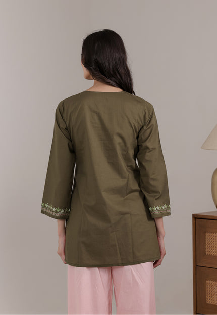 Qazmi Women Aari Embroidered Pure Cotton Short Kurta with Full Sleeves