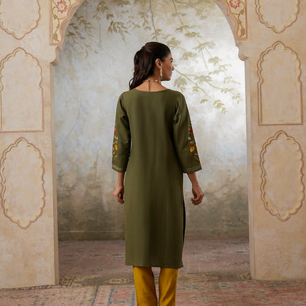 Qazmi Women's Zaynab Kashmiri Aari Work Cotton Linen Olive Green Kurta