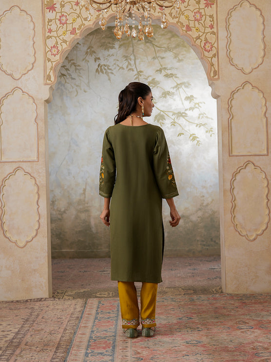 Qazmi Women's Zaynab Kashmiri Aari Work Cotton Linen Olive Green Kurta