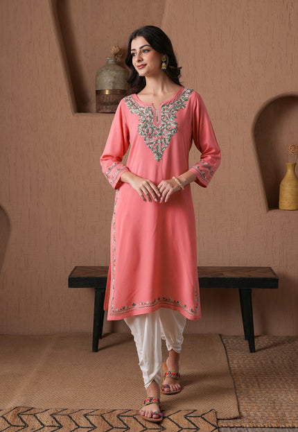 Qazmi Women's Mahsa Kashmiri Aari Work Straight Kurta