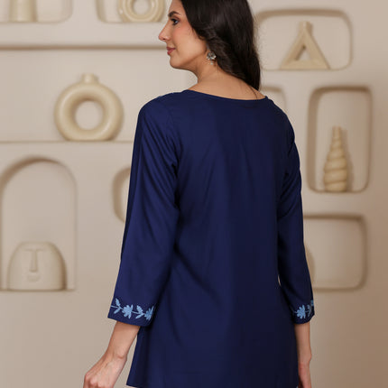 Qazmi Women Kashmiri Aari Embroidered A-Line Viscose Rayon Short Kurti with Full Sleeves