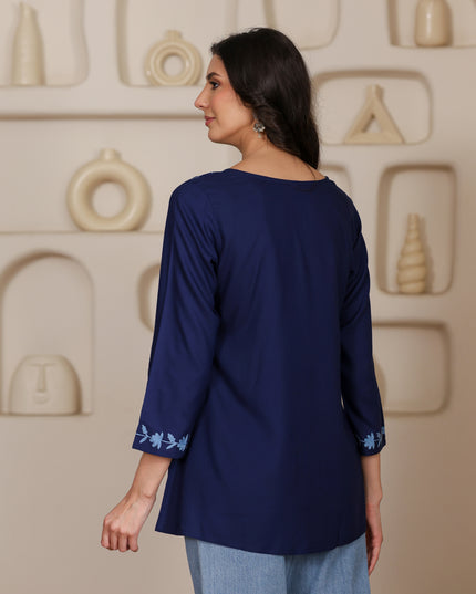 Qazmi Women Kashmiri Aari Embroidered A-Line Viscose Rayon Short Kurti with Full Sleeves