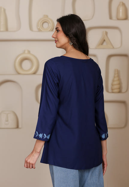 Qazmi Women Kashmiri Aari Embroidered A-Line Viscose Rayon Short Kurti with Full Sleeves