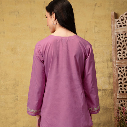 Qazmi Women's Nafisa Kashmiri Aari Work V-Neck Blue Kurti