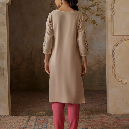 Qazmi Women's Zaynab Kashmiri Aari Work Cotton Linen Olive Green Kurta