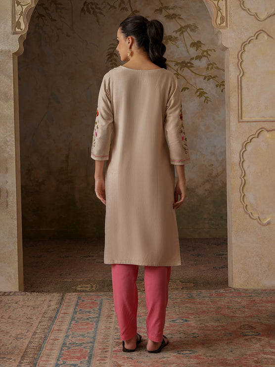 Qazmi Women's Zaynab Kashmiri Aari Work Cotton Linen Olive Green Kurta