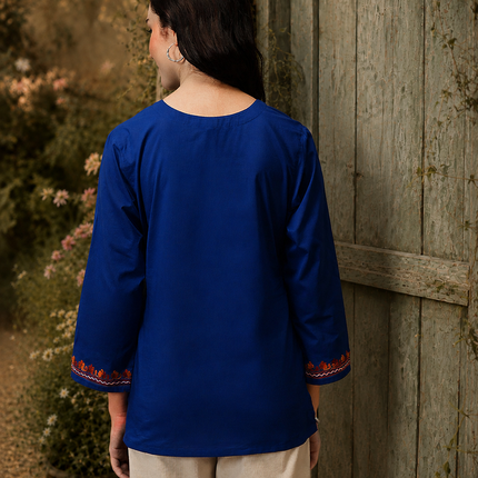 Qazmi Women's Nafisa Kashmiri Aari Work V-Neck Blue Kurti