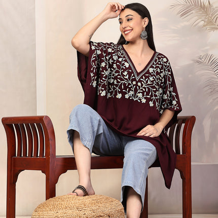 QAZMI Sheen V-Neck Flared Sleeves Kashmiri Aari Work Kaftan Kurti