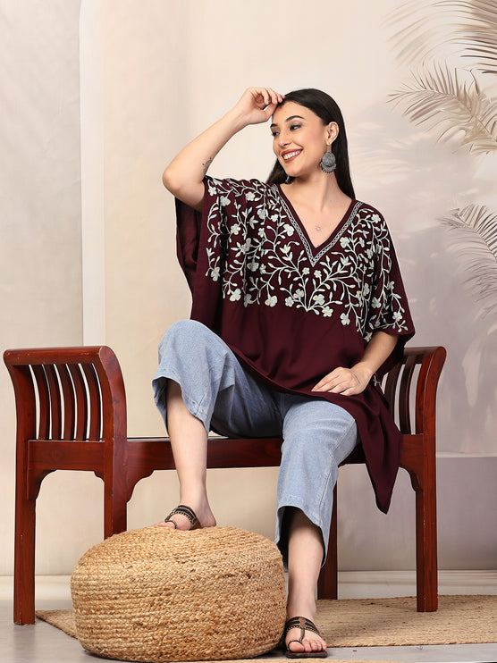 QAZMI Sheen V-Neck Flared Sleeves Kashmiri Aari Work Kaftan Kurti