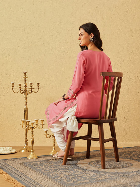 Qazmi Women's Mahsa Kashmiri Aari Work Peach Straight Kurta